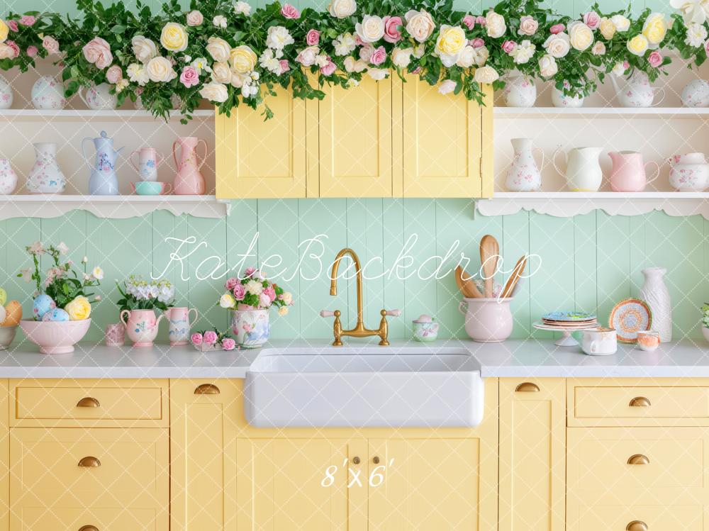 Kate Cuisine Vintage Fleurs Vaisselle Toile de fond conçue par Patty Roberts - Kate Backdrop FR