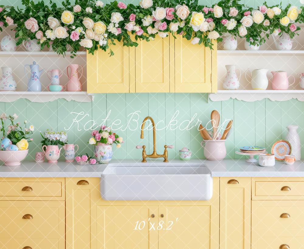 Kate Cuisine Vintage Fleurs Vaisselle Toile de fond conçue par Patty Roberts - Kate Backdrop FR
