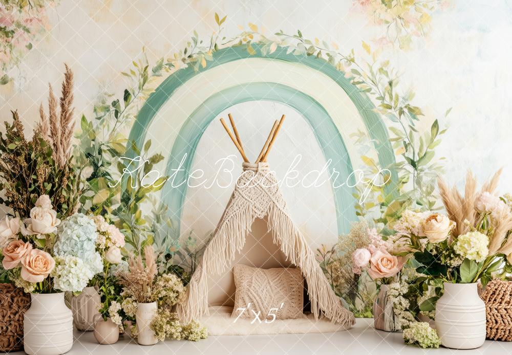 Kate Bohème Arche Vert Tipi Fleurs Toile de fond conçue par Patty Roberts - Kate Backdrop FR