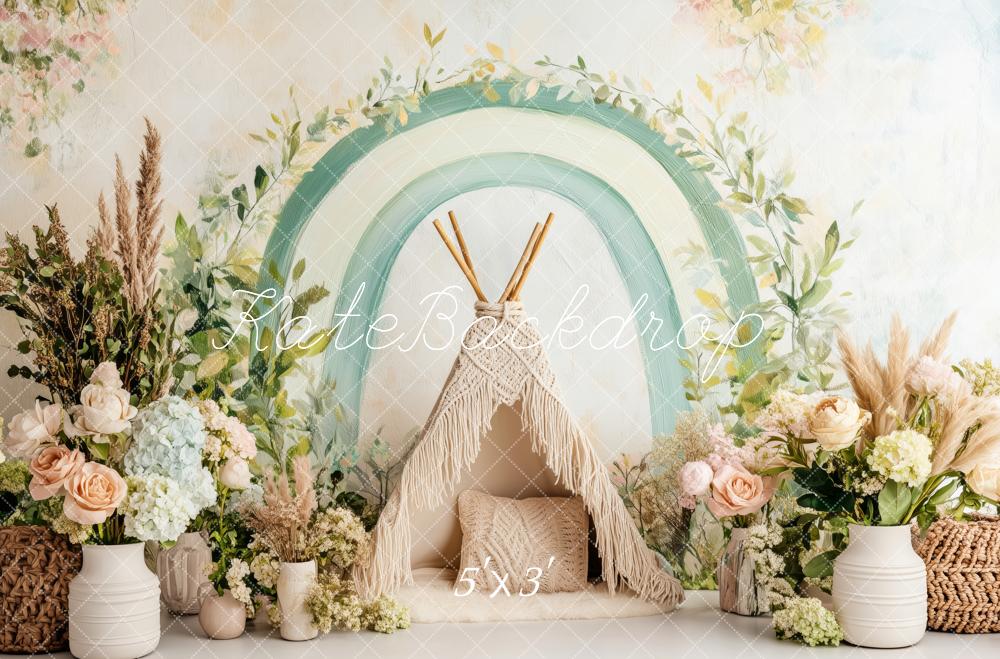Kate Bohème Arche Vert Tipi Fleurs Toile de fond conçue par Patty Roberts - Kate Backdrop FR