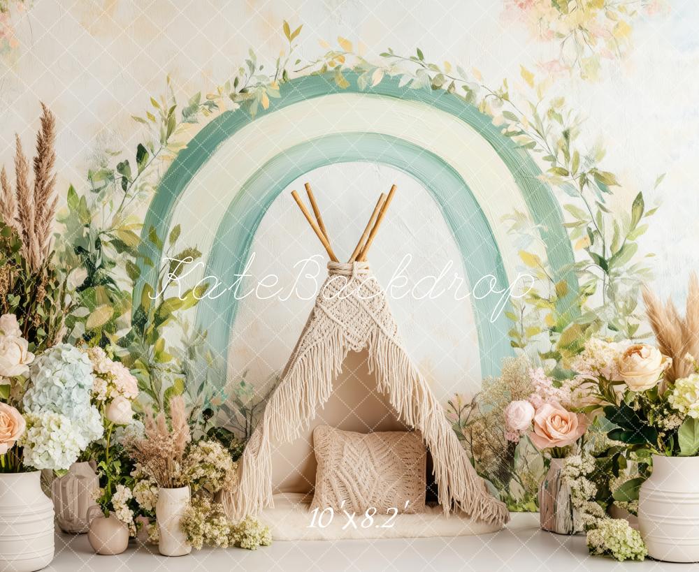 Kate Bohème Arche Vert Tipi Fleurs Toile de fond conçue par Patty Roberts - Kate Backdrop FR