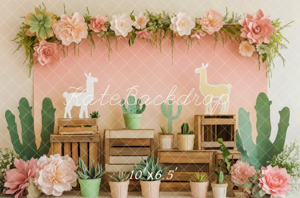 Kate Cactus Lama Fleur Boîte en bois Toile de fond conçue par Patty Roberts - Kate Backdrop FR
