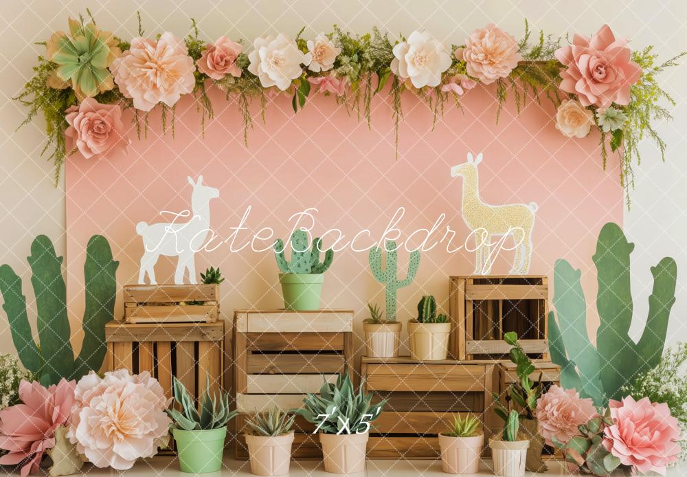 Kate Cactus Lama Fleur Boîte en bois Toile de fond conçue par Patty Roberts - Kate Backdrop FR