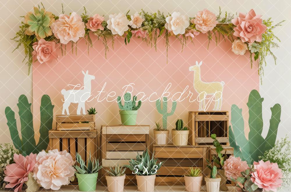 Kate Cactus Lama Fleur Boîte en bois Toile de fond conçue par Patty Roberts - Kate Backdrop FR