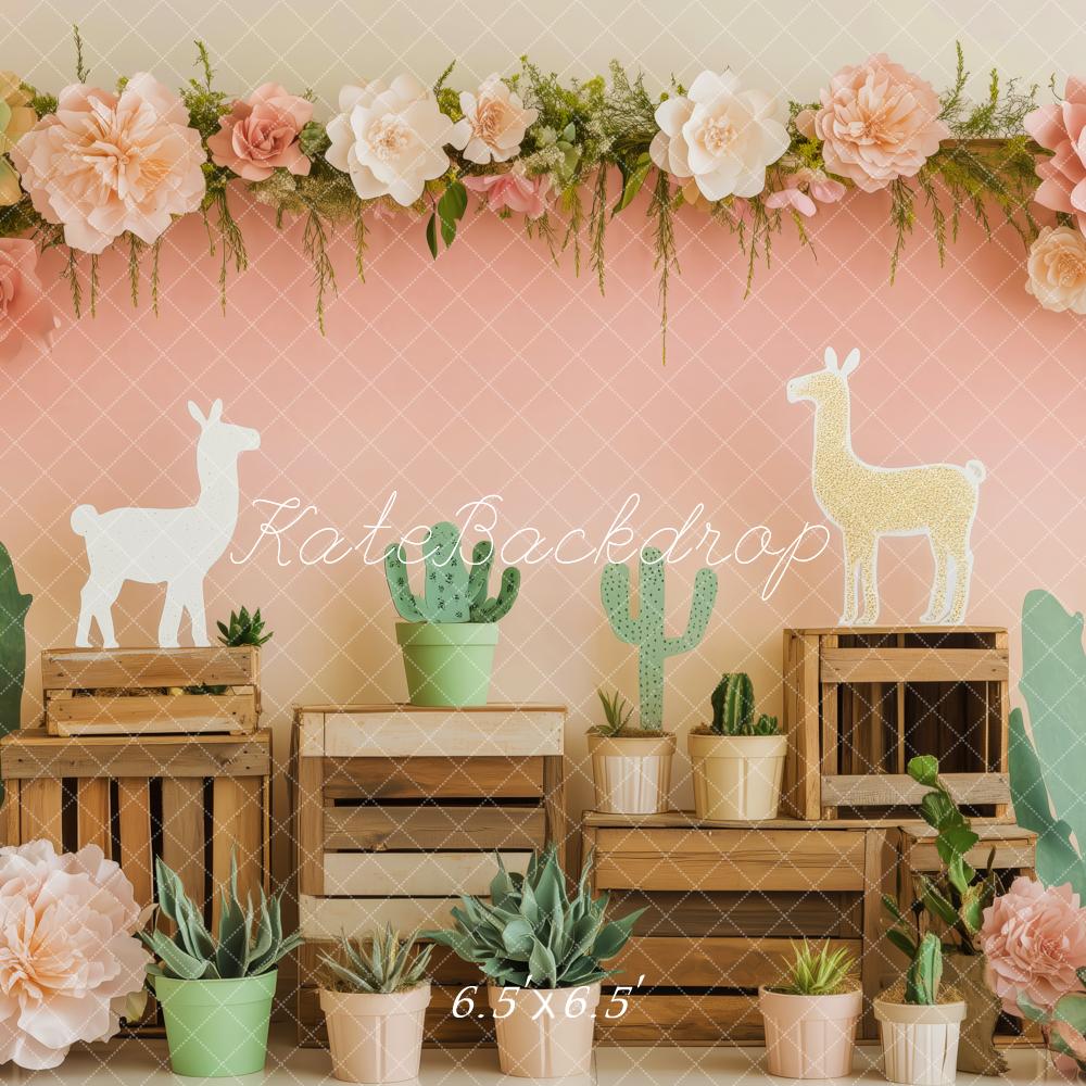 Kate Cactus Lama Fleur Boîte en bois Toile de fond conçue par Patty Roberts - Kate Backdrop FR
