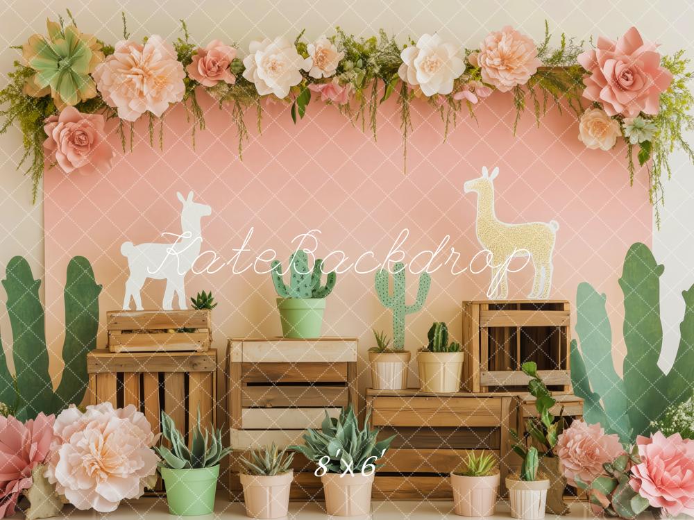 Kate Cactus Lama Fleur Boîte en bois Toile de fond conçue par Patty Roberts - Kate Backdrop FR