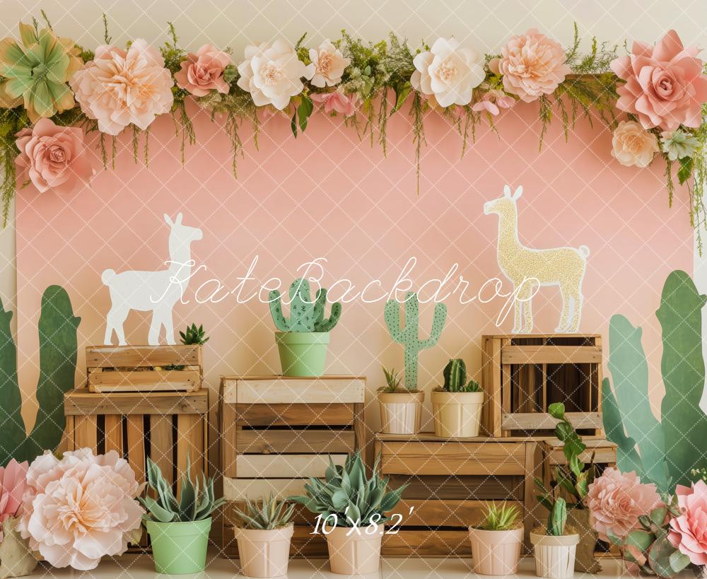 Kate Cactus Lama Fleur Boîte en bois Toile de fond conçue par Patty Roberts - Kate Backdrop FR