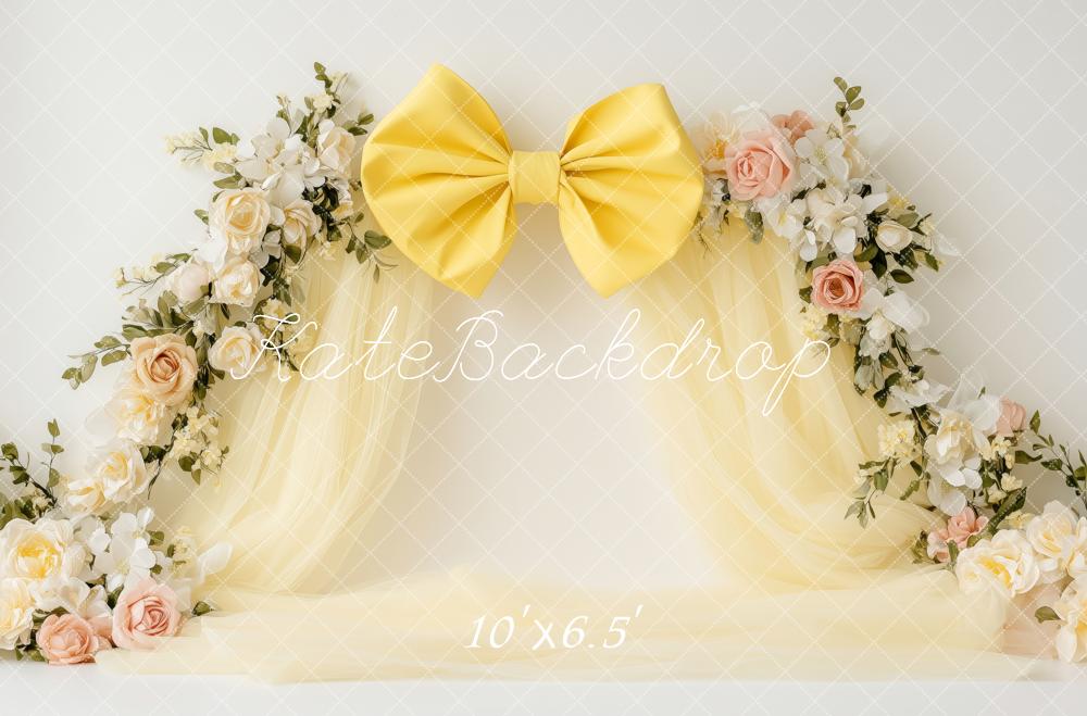 Kate Fleurs Jaune Nœud Anniversaire Toile de fond conçue par Patty Roberts - Kate Backdrop FR