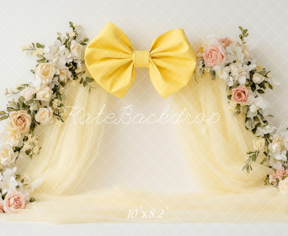 Kate Fleurs Jaune Nœud Anniversaire Toile de fond conçue par Patty Roberts - Kate Backdrop FR