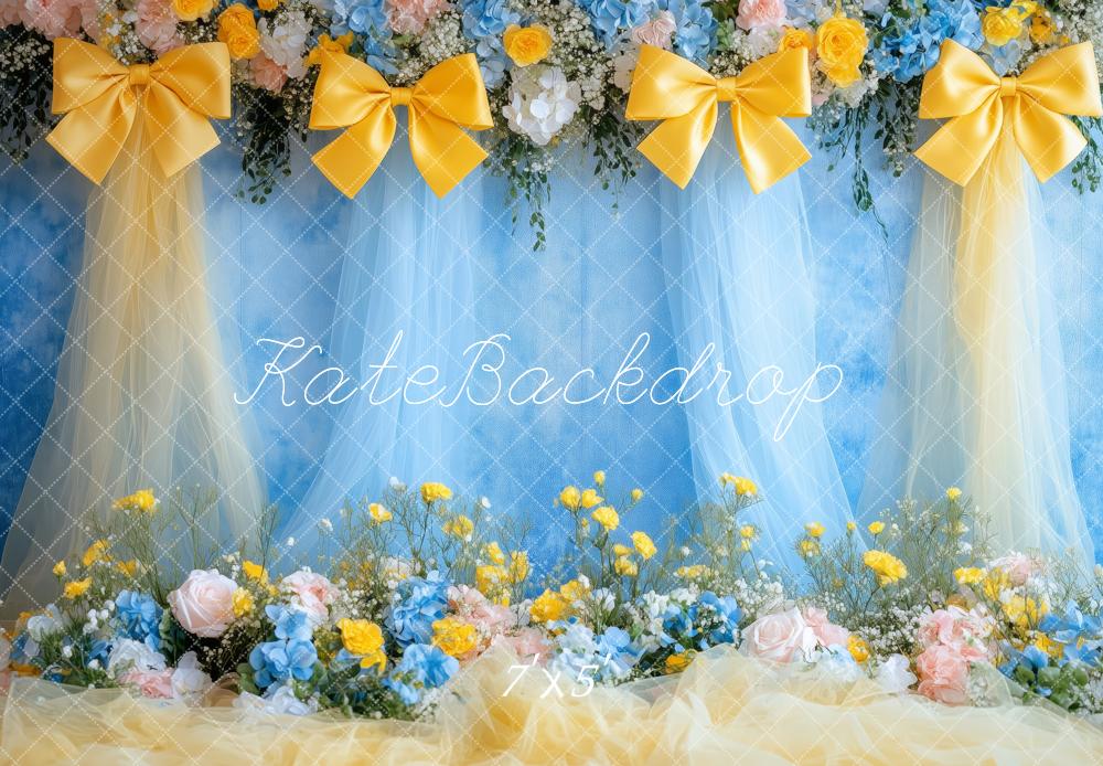 Kate Printemps Fleurs Nœud Jaune Bleu Toile de fond conçue par Patty Roberts - Kate Backdrop FR