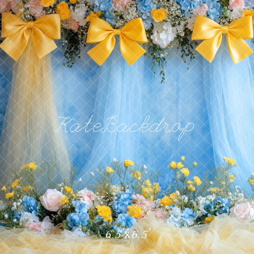 Kate Printemps Fleurs Nœud Jaune Bleu Toile de fond conçue par Patty Roberts - Kate Backdrop FR