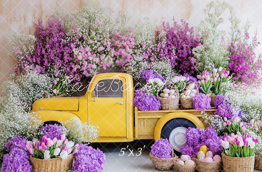 Kate Pâques Camion Jaune Fleurs Toile de fond conçue par Patty Roberts - Kate Backdrop FR