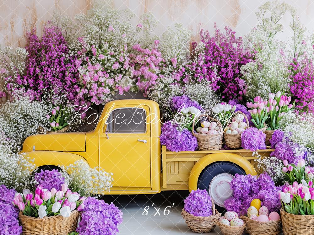 Kate Pâques Camion Jaune Fleurs Toile de fond conçue par Patty Roberts - Kate Backdrop FR