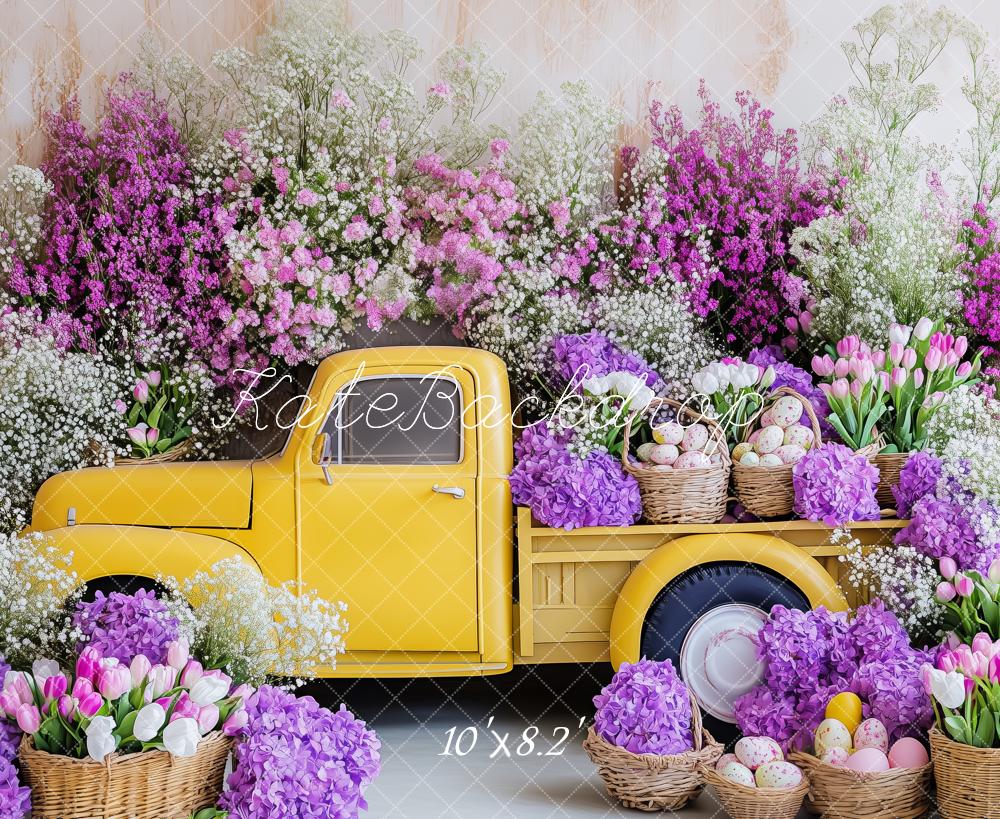 Kate Pâques Camion Jaune Fleurs Toile de fond conçue par Patty Roberts - Kate Backdrop FR