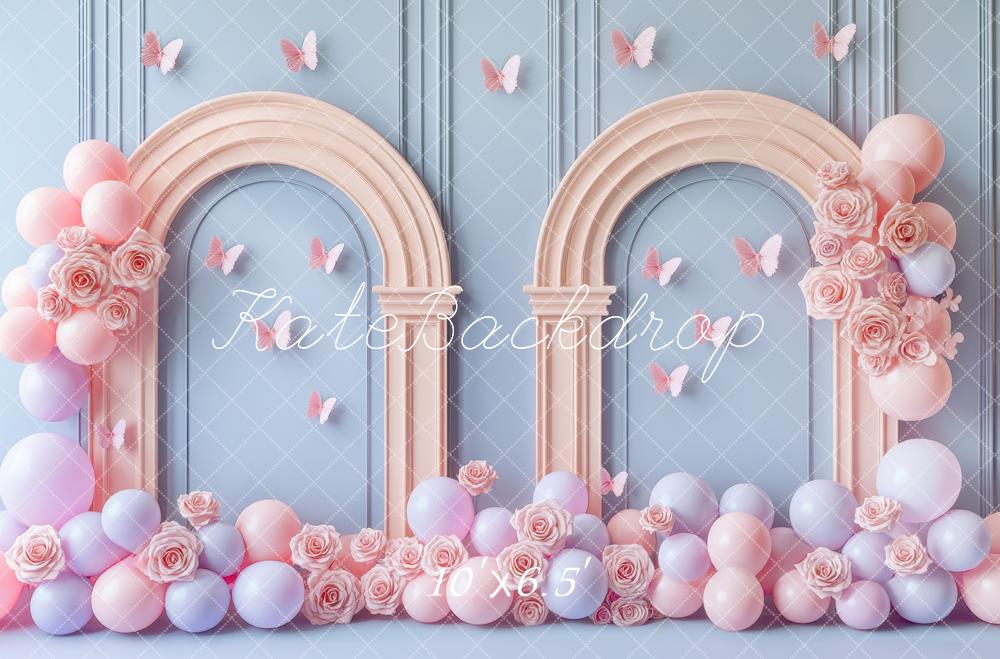 Kate Anniversaire Pastel Ballon Arche Papillons Toile de fond conçue par Mini MakeBelieve - Kate Backdrop FR