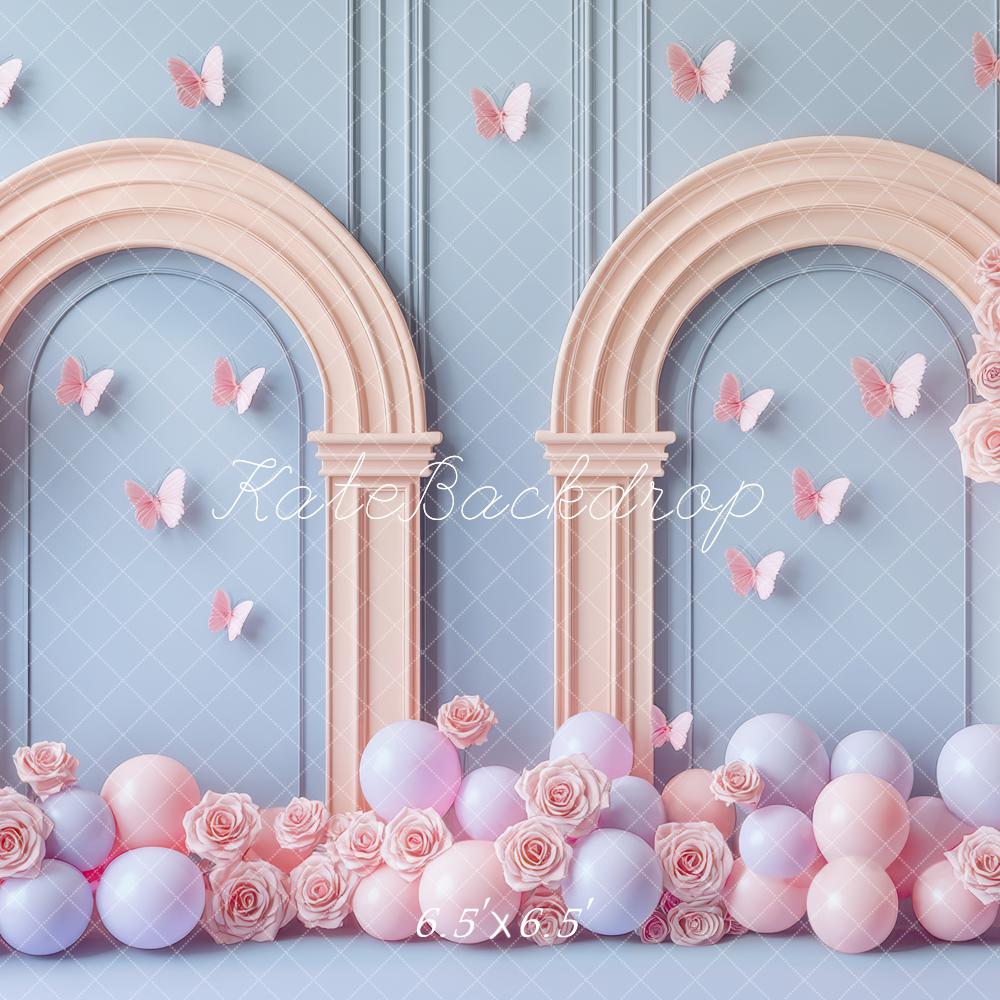 Kate Anniversaire Pastel Ballon Arche Papillons Toile de fond conçue par Mini MakeBelieve - Kate Backdrop FR