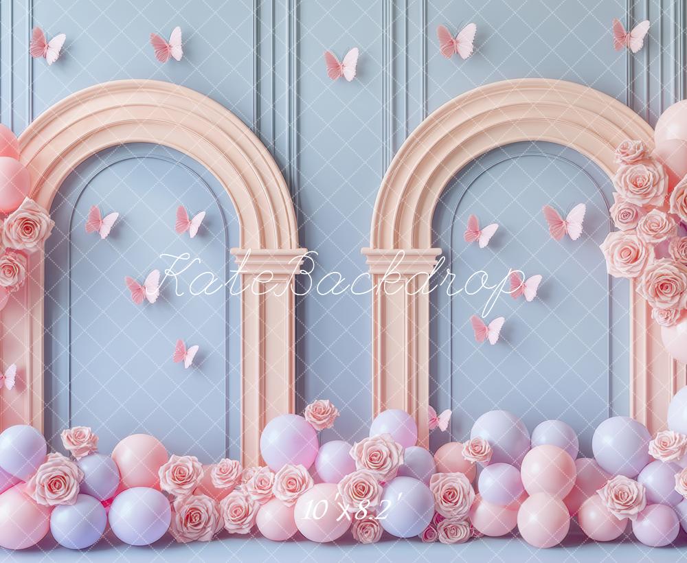Kate Anniversaire Pastel Ballon Arche Papillons Toile de fond conçue par Mini MakeBelieve - Kate Backdrop FR