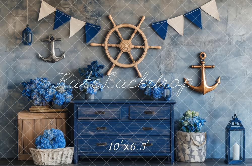 Kate Nautique Ancre Bleu Fleurs Toile de fond conçue par Patty Roberts - Kate Backdrop FR