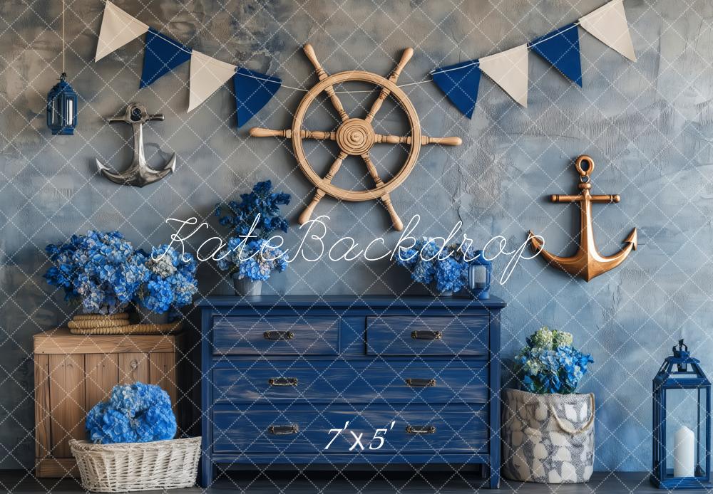 Kate Nautique Ancre Bleu Fleurs Toile de fond conçue par Patty Roberts - Kate Backdrop FR
