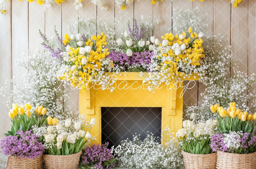 Kate Printemps Fleurs Cheminée Jaune Toile de fond conçue par Patty Roberts - Kate Backdrop FR