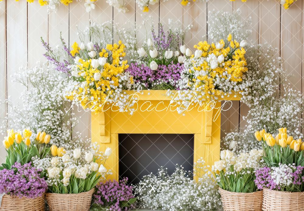Kate Printemps Fleurs Cheminée Jaune Toile de fond conçue par Patty Roberts - Kate Backdrop FR
