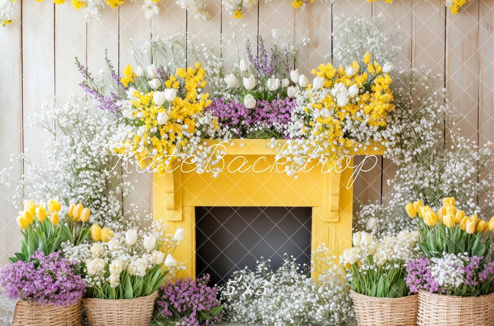 Kate Printemps Fleurs Cheminée Jaune Toile de fond conçue par Patty Roberts - Kate Backdrop FR