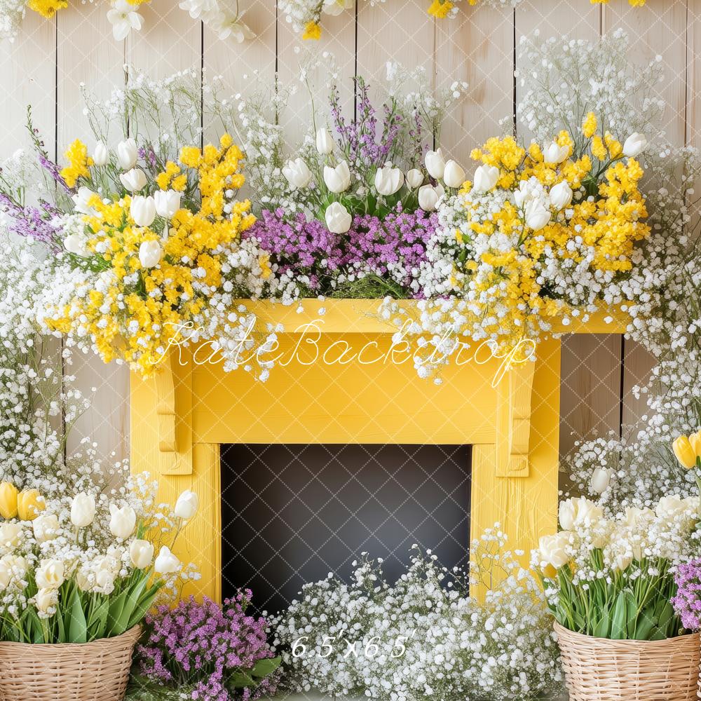 Kate Printemps Fleurs Cheminée Jaune Toile de fond conçue par Patty Roberts - Kate Backdrop FR
