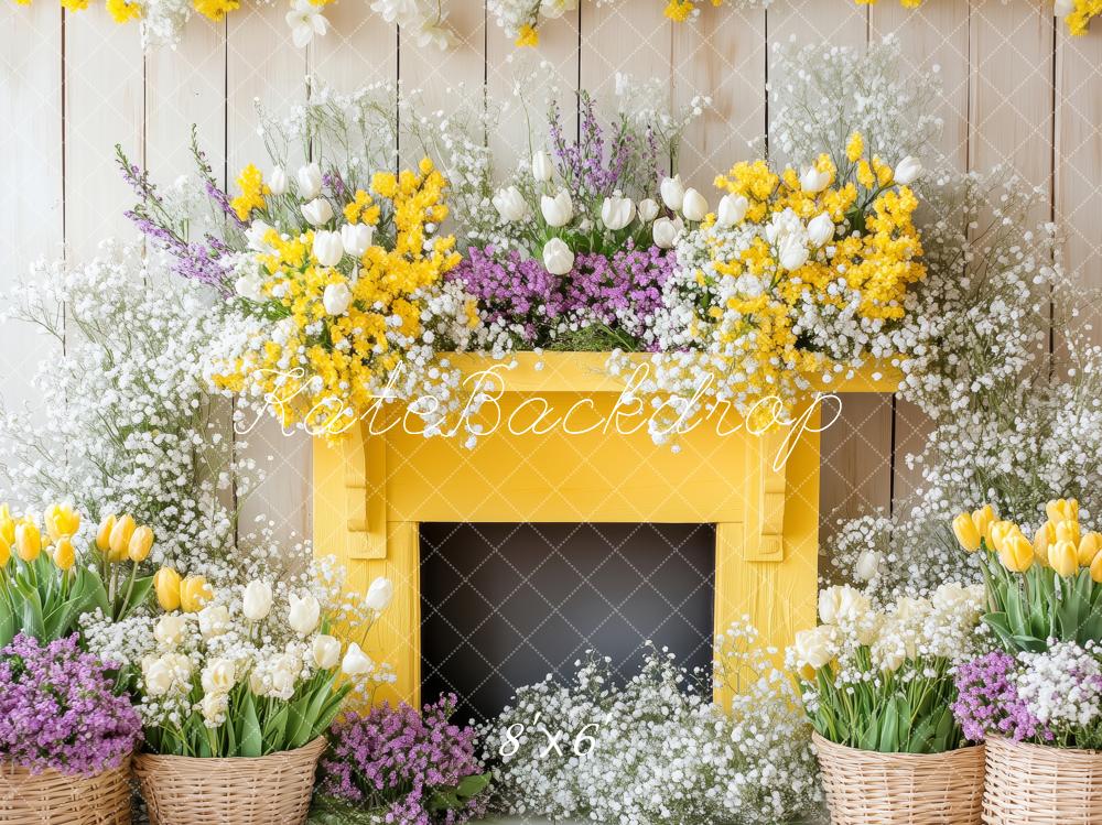 Kate Printemps Fleurs Cheminée Jaune Toile de fond conçue par Patty Roberts - Kate Backdrop FR