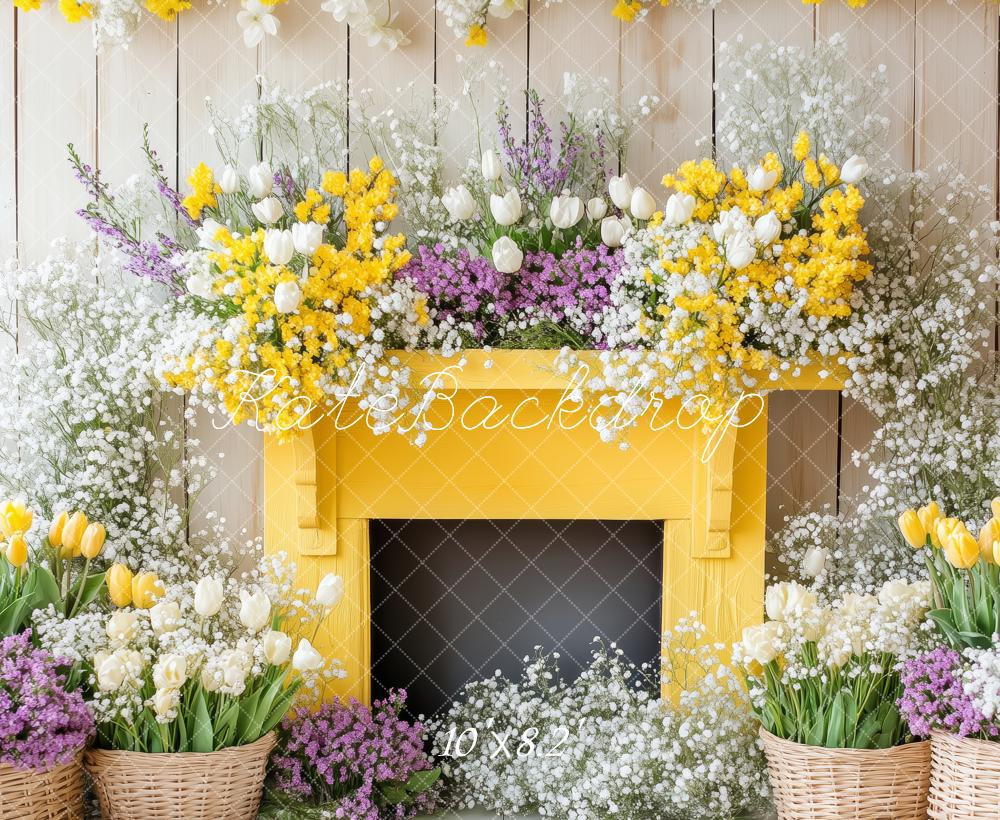 Kate Printemps Fleurs Cheminée Jaune Toile de fond conçue par Patty Roberts - Kate Backdrop FR