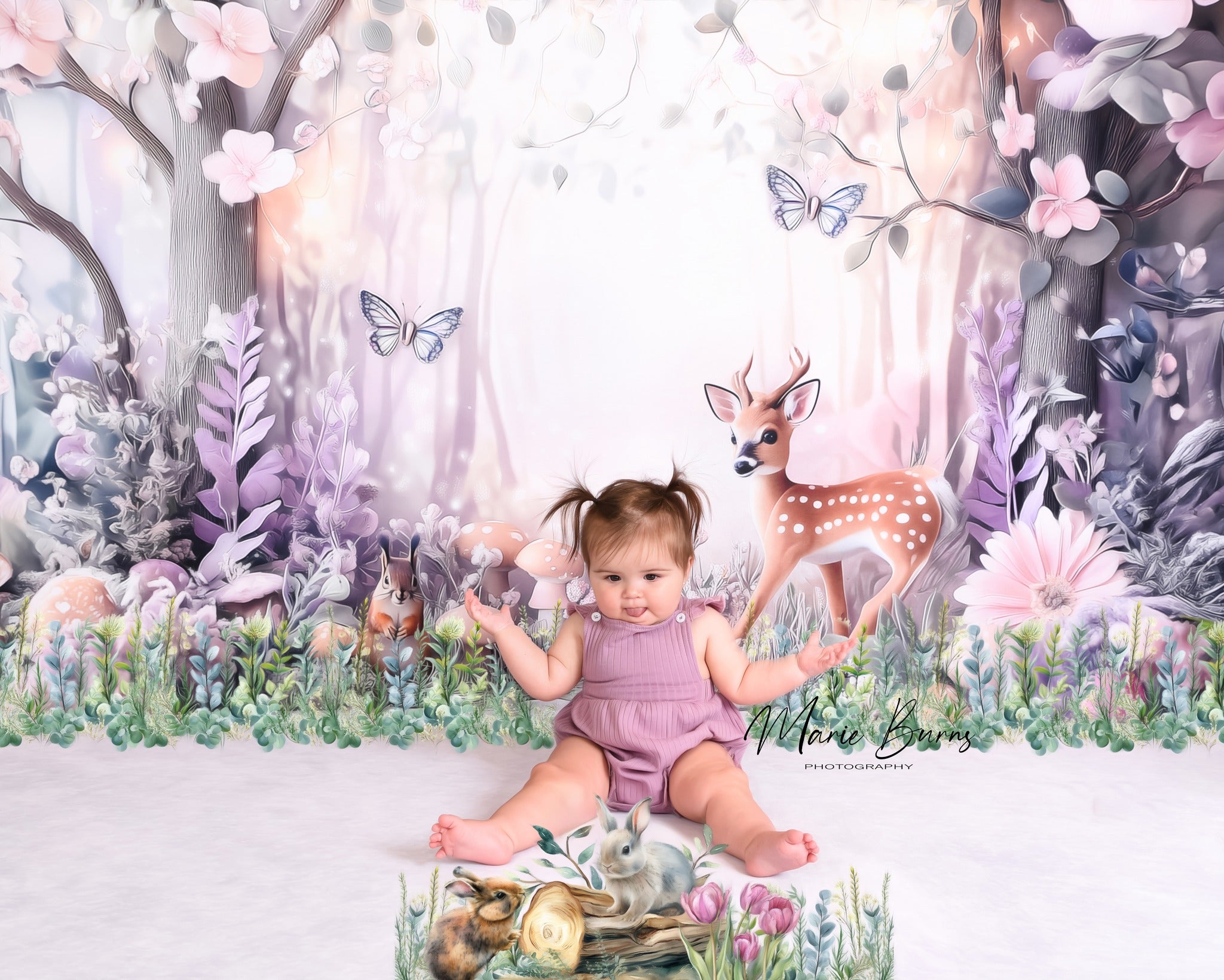 Kate Cerf Forêt Fleurs Conte de fées Toile de fond conçu par Ashley Paul - Kate Backdrop FR