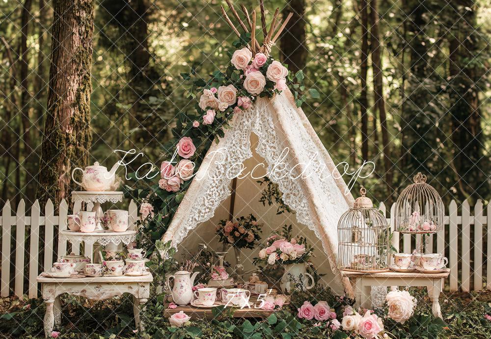 Kate Bohème Soirée Théière Floral Forêt Toile de fond conçu par Ashley Paul - Kate Backdrop FR