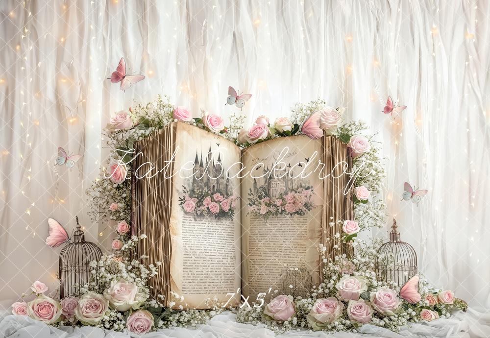 Kate Conte de fées Livre Fleurs Papillons Toile de fond conçu par Ashley Paul - Kate Backdrop FR