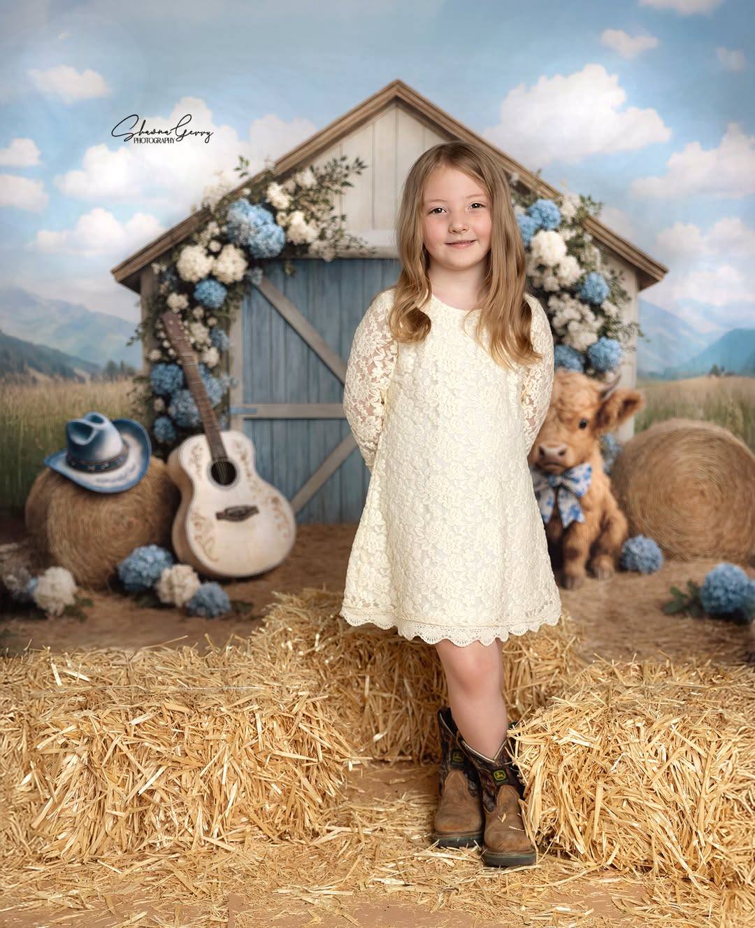 Kate Campagne Grange Vache Guitare Toile de fond conçu par Ashley Paul - Kate Backdrop FR