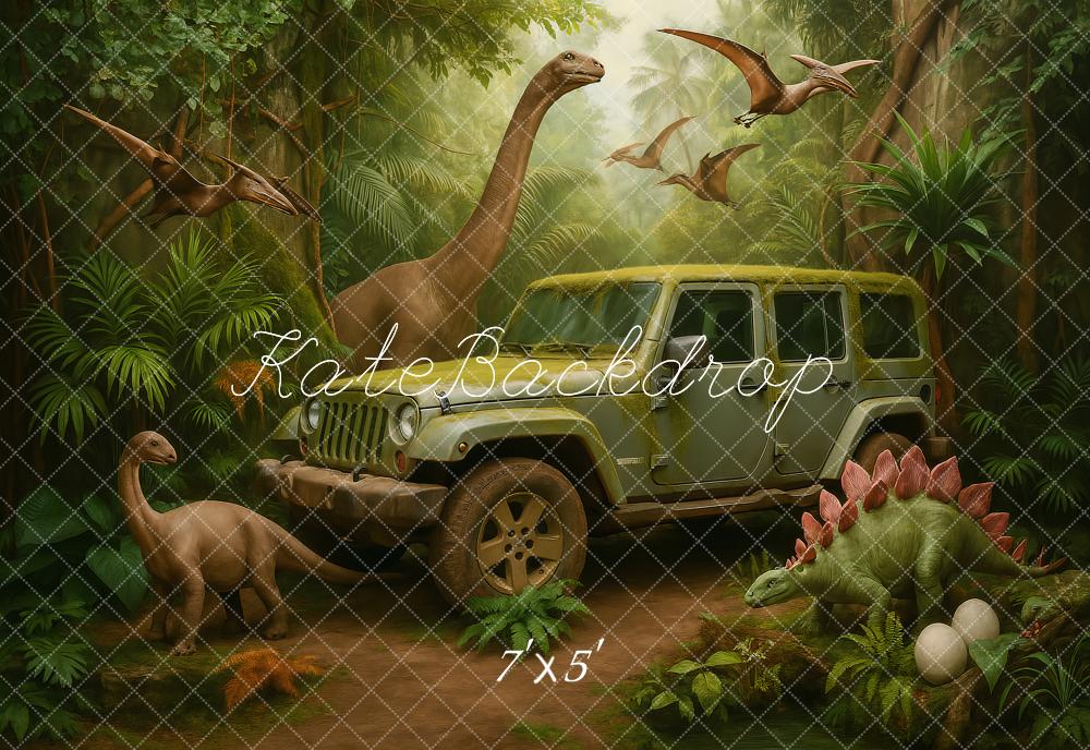 Kate Dinosaure Jungle Aventure Voiture Enfant Toile de fond conçu par Ashley Paul - Kate Backdrop FR