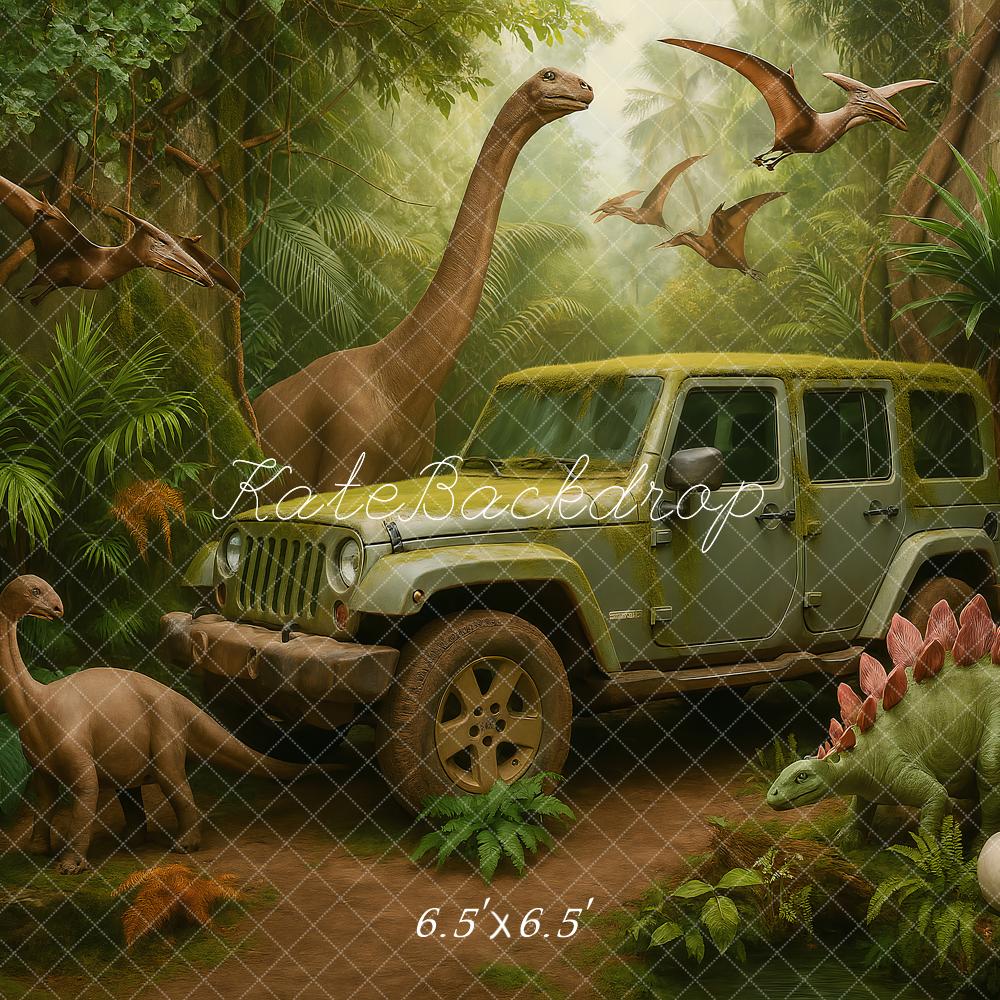 Kate Dinosaure Jungle Aventure Voiture Enfant Toile de fond conçu par Ashley Paul - Kate Backdrop FR