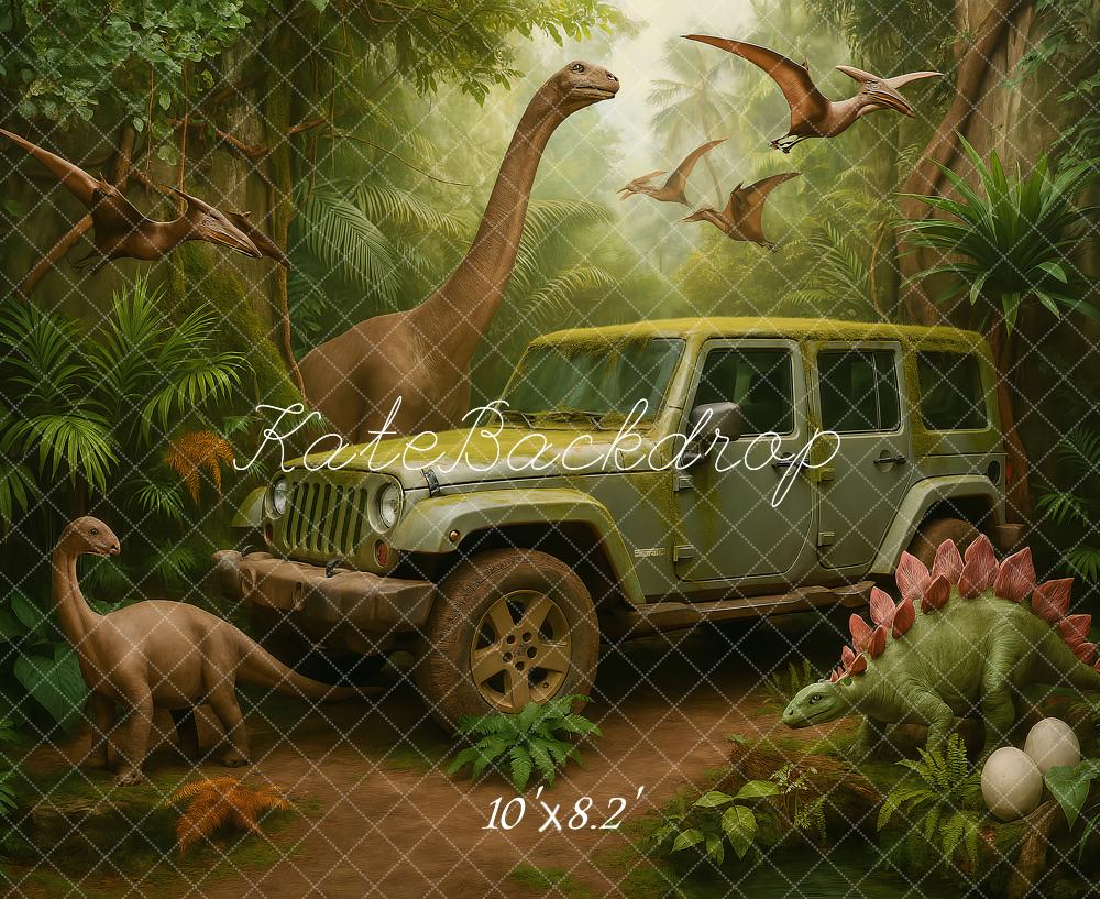 Kate Dinosaure Jungle Aventure Voiture Enfant Toile de fond conçu par Ashley Paul - Kate Backdrop FR