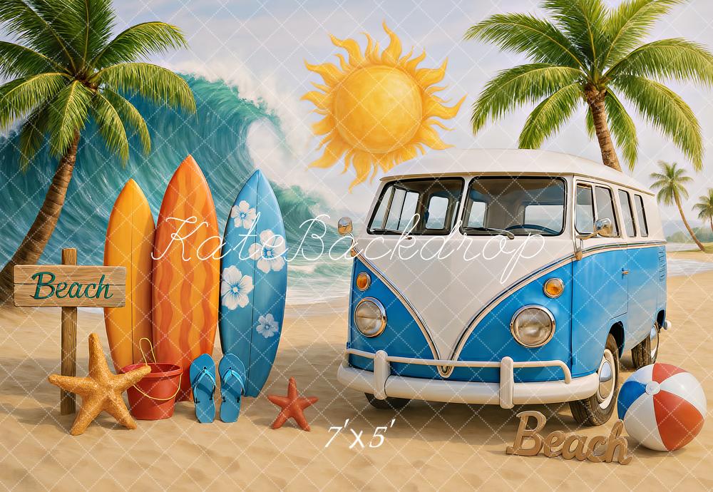 Kate Été Plage Bus Planches de surf Soleil Toile de fond conçu par Ashley Paul - Kate Backdrop FR