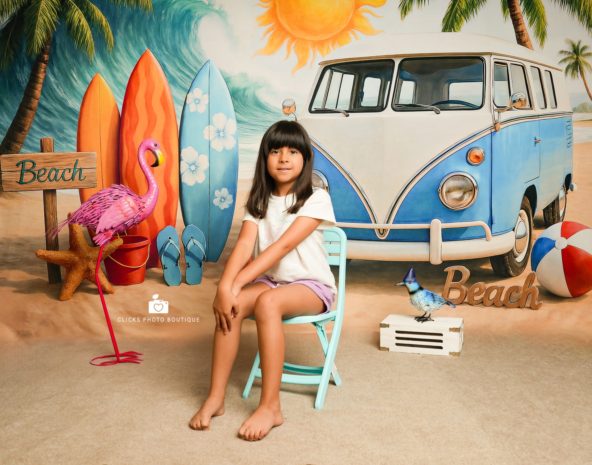 Kate Été Plage Bus Planches de surf Soleil Toile de fond conçu par Ashley Paul - Kate Backdrop FR