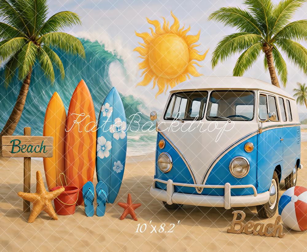 Kate Été Plage Bus Planches de surf Soleil Toile de fond conçu par Ashley Paul - Kate Backdrop FR