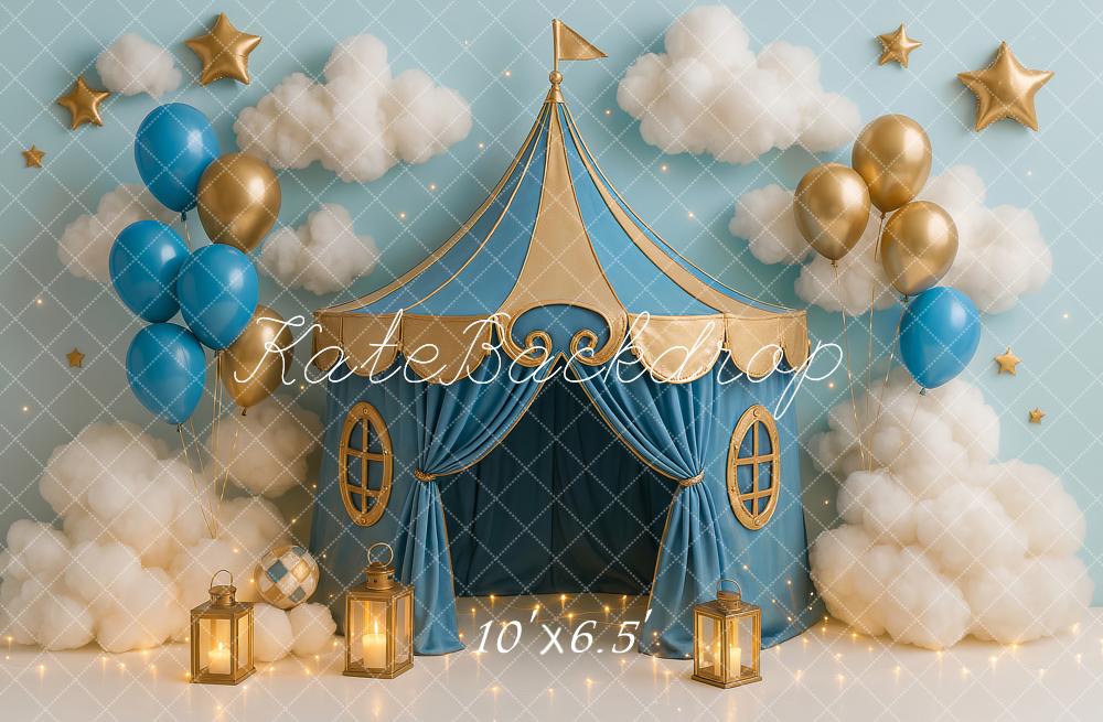 Kate Anniversaire Bleu Cirque Tente Ballon Toile de fond conçu par Ashley Paul - Kate Backdrop FR