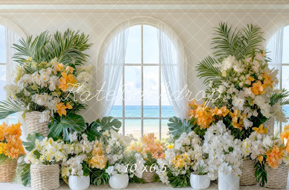 Kate Été Plage Fleurs Fenêtre Toile de fond conçue par Mini MakeBelieve - Kate Backdrop FR