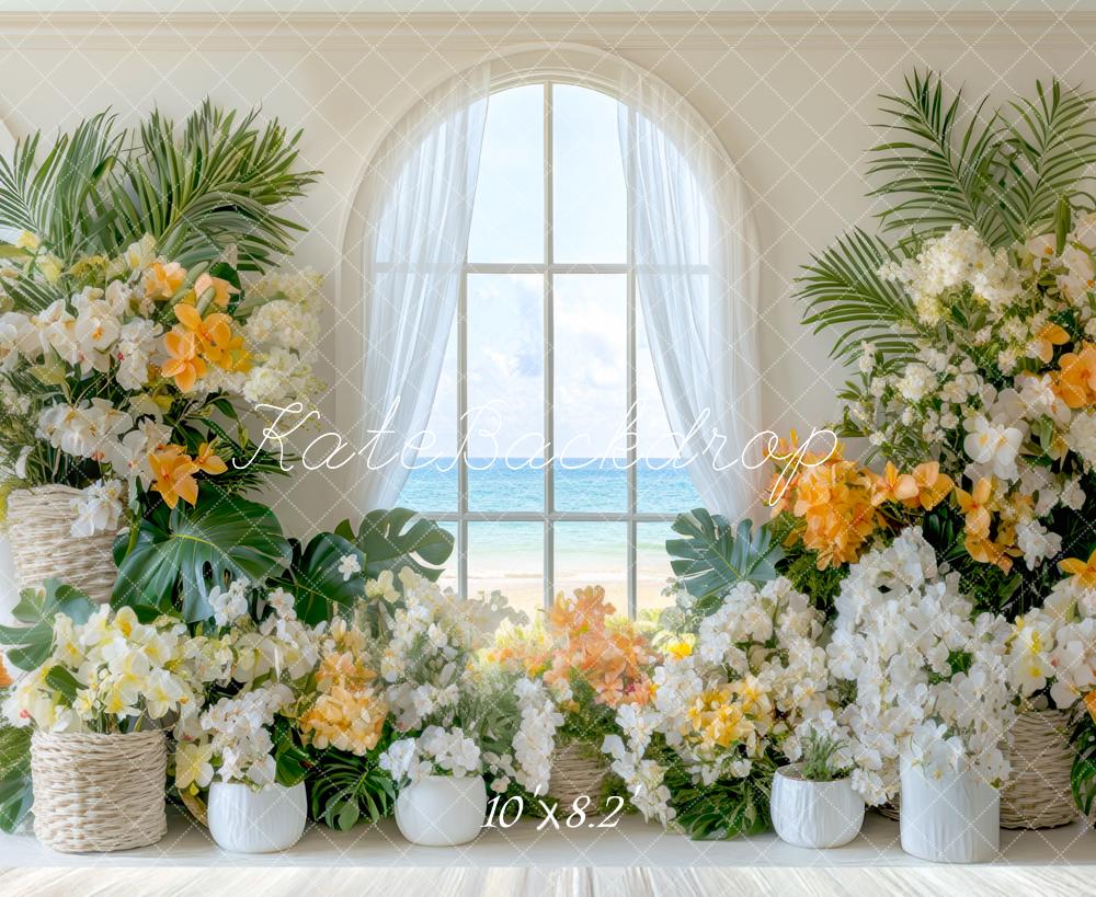 Kate Été Plage Fleurs Fenêtre Toile de fond conçue par Mini MakeBelieve - Kate Backdrop FR