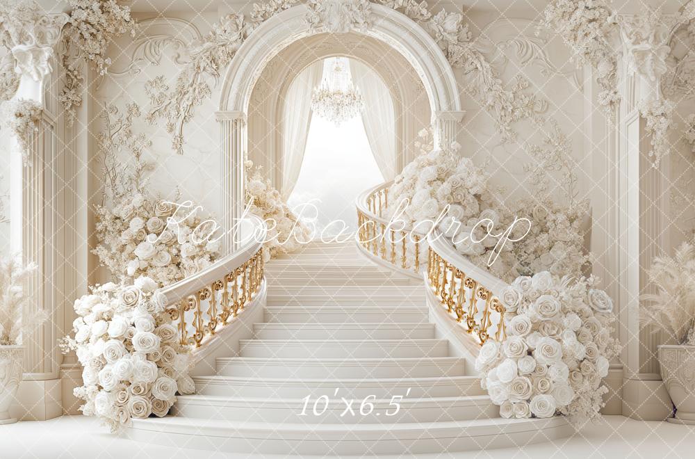 Kate Bal de Promo Escalier Blanc Fleurs Toile de fond conçue par Mini MakeBelieve - Kate Backdrop FR