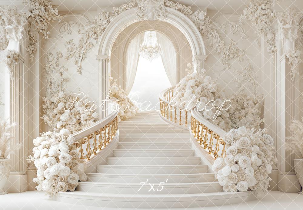 Kate Bal de Promo Escalier Blanc Fleurs Toile de fond conçue par Mini MakeBelieve - Kate Backdrop FR