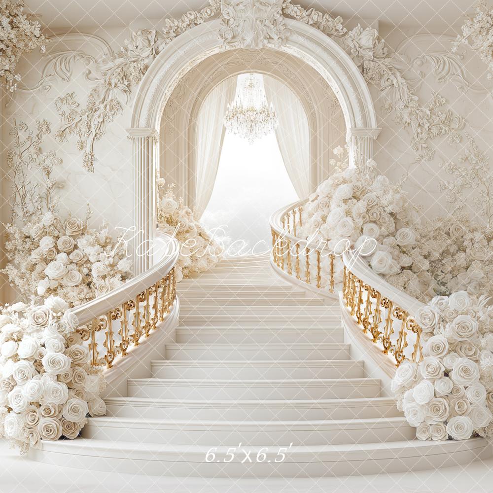 Kate Bal de Promo Escalier Blanc Fleurs Toile de fond conçue par Mini MakeBelieve - Kate Backdrop FR