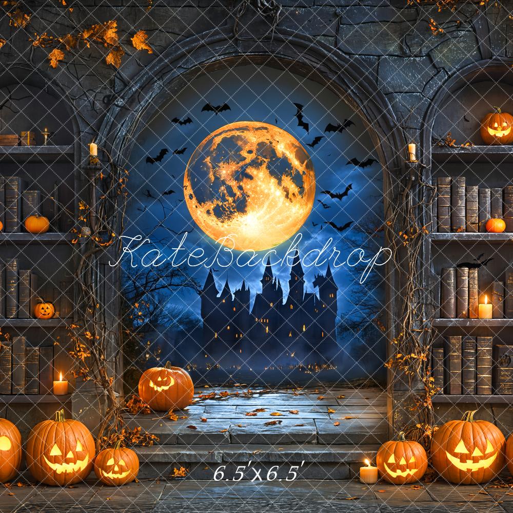 Kate Halloween Citrouille Lune Étagère à livres Toile de fond conçue par Emetselch - Kate Backdrop FR