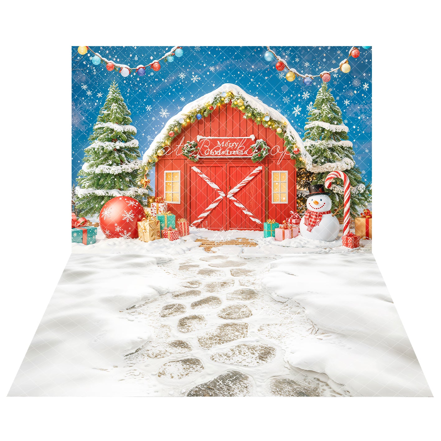 Kate Noël Grange Bonhomme de neige Toile de fond+Hiver Neige Pavés Chemin Sol Toile de fond