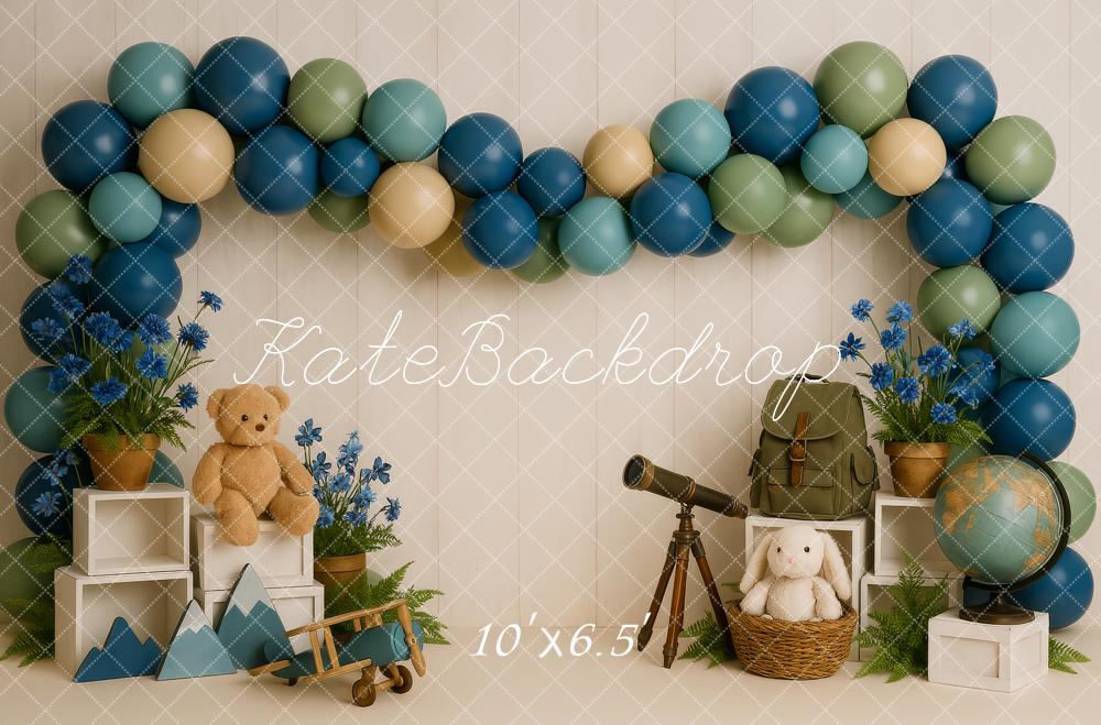 Kate Aventure Télescope Anniversaire Ballons Toile de fond conçue par Patty Roberts - Kate Backdrop FR