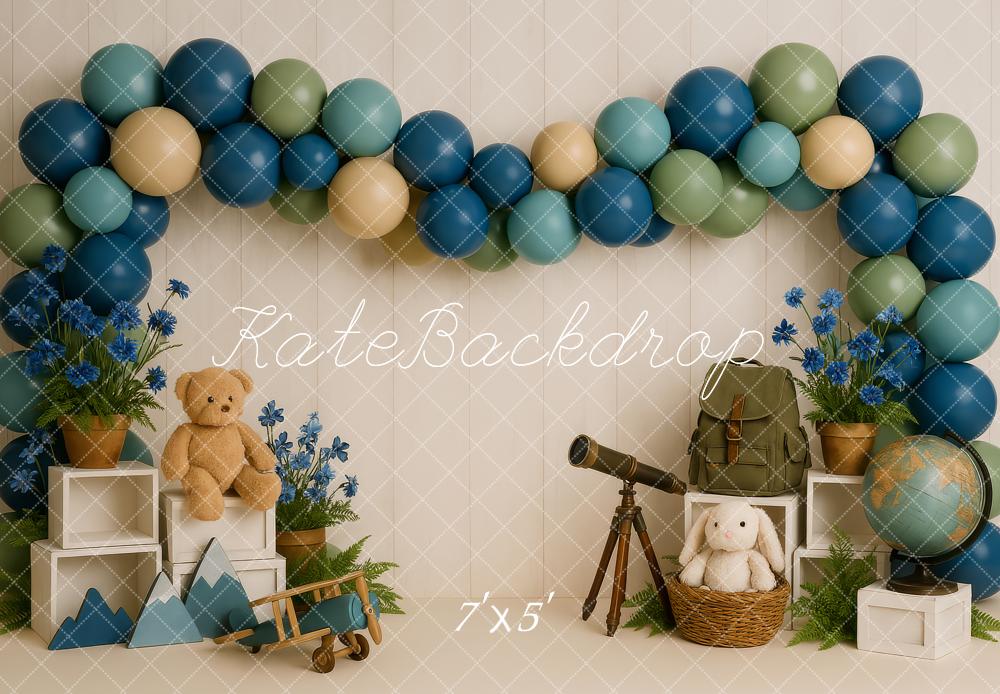 Kate Aventure Télescope Anniversaire Ballons Toile de fond conçue par Patty Roberts - Kate Backdrop FR