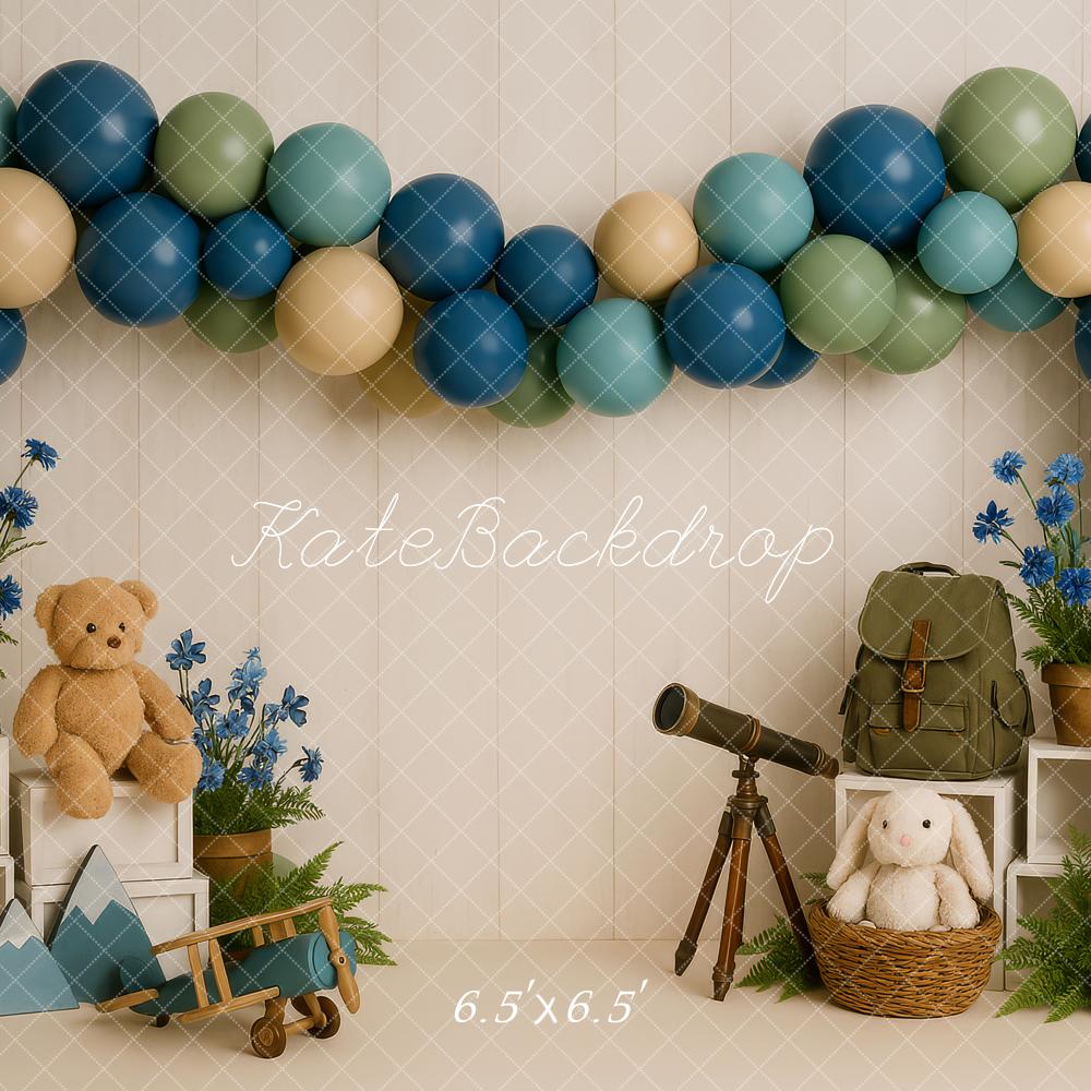 Kate Aventure Télescope Anniversaire Ballons Toile de fond conçue par Patty Roberts - Kate Backdrop FR